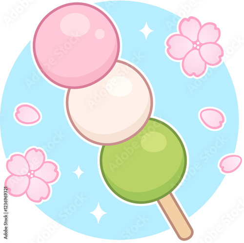 Hanami dango, traditional Japanese dessert, with pink flower petals. Sakura blossom viewing festival. Simple cartoon vector illustration.