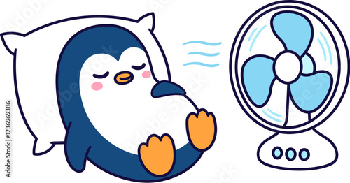 Cute cartoon penguin sleeping with electric fan, cooling off in summer heat. Vector clip art illustration.