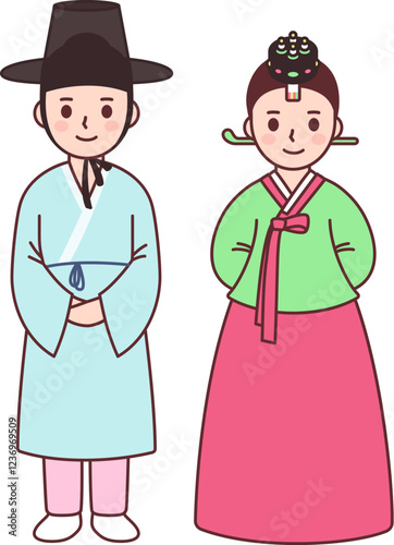 Cute boy and girl couple in traditional Korean Coming of Age ceremony clothes. Cartoon young people vector clip art illustration.