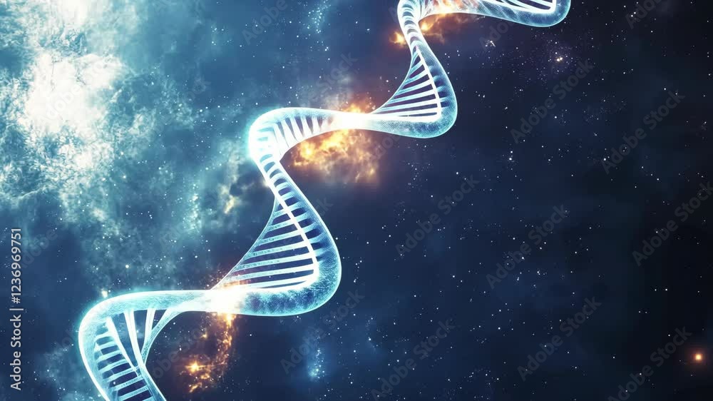 Explore the intricate structure of DNA against a cosmic backdrop filled with stars and nebulae