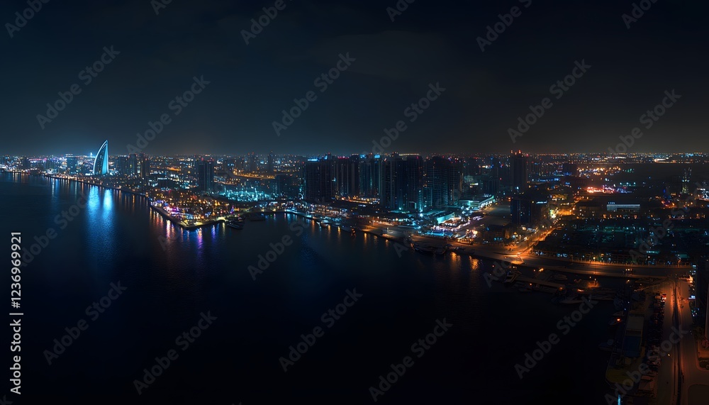Fototapeta premium Nighttime Cityscape Illuminated Waterfront Buildings