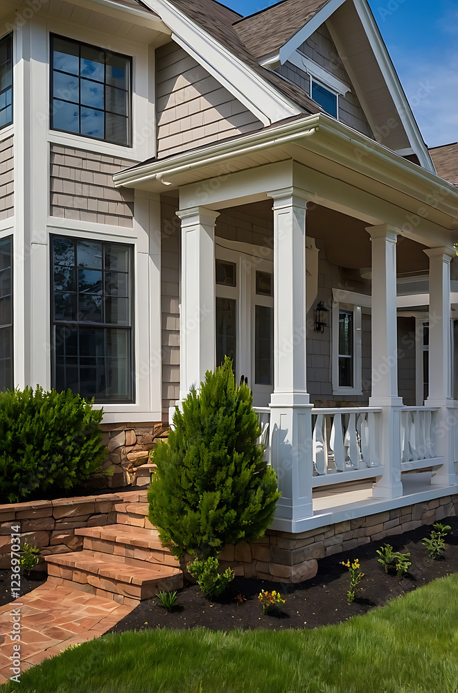 Fototapeta premium Captivating Craftsman Home Exterior: A Dream House with a Picturesque Porch and Landscaped Garden