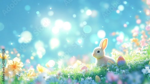 Easter background with grass, flowers, and colorful eggs on the right side, a little bunny sitting in the middle of the picture, blue sky with bokeh lights in the background.