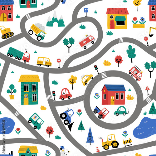 Childrens seamless background with cute cars, road, trees, park, houses on a white background. Doodle cityscape for nursery carpet print. Hand-drawn maps for kids room, nursery decor, bed linen