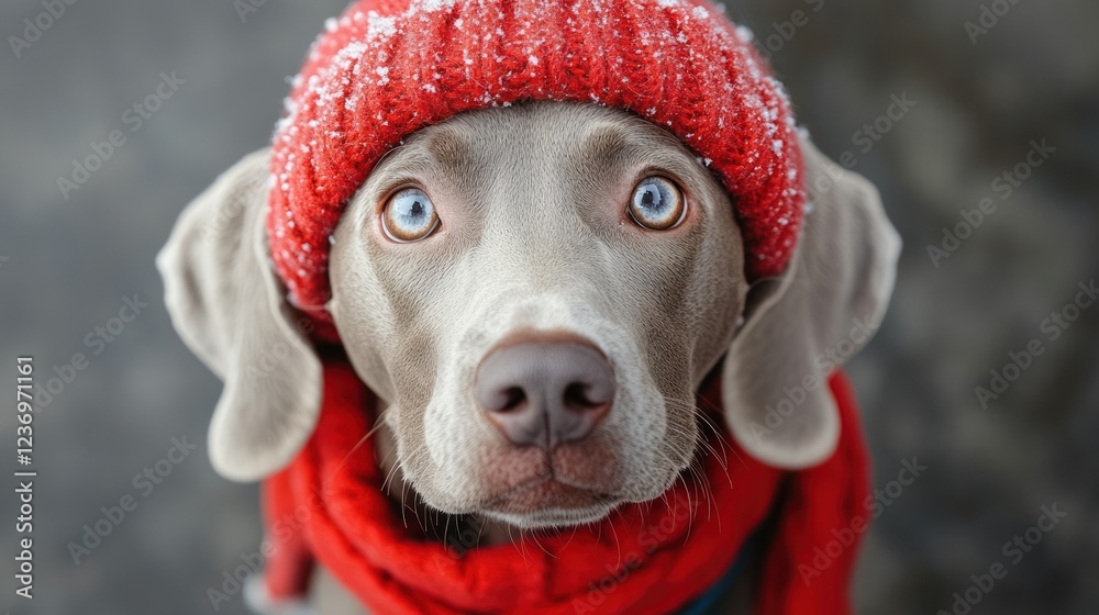 Adorable Weimaraner Puppy in Red Winter Hat and Scarf Adorable Weimaraner Puppy in Red Winter Hat and Scarf