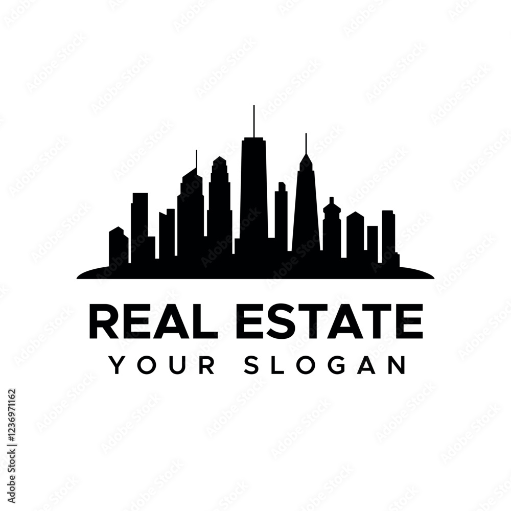 Obraz premium Real Estate logo with city sky line and sky scrapers logo for real estate business.