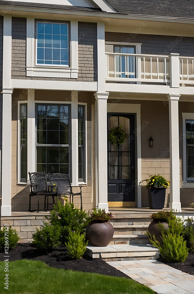 Elegant Home Exterior: Modern Architecture and Landscaping Design. Luxury Real Estate Property with Classic Style and Beautiful Facade. Elegant Home Exterior: Modern Architecture and Landscaping Design. Luxury Real Estate Property with Classic Style and Beautiful Facade.