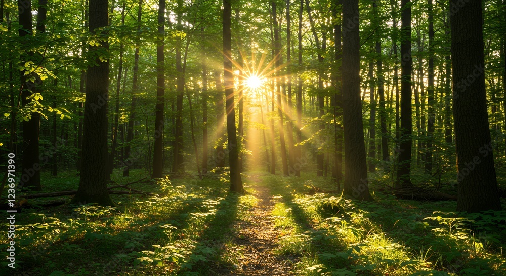 Fototapeta premium Sunbeams in a Forest: Magical Sunrise