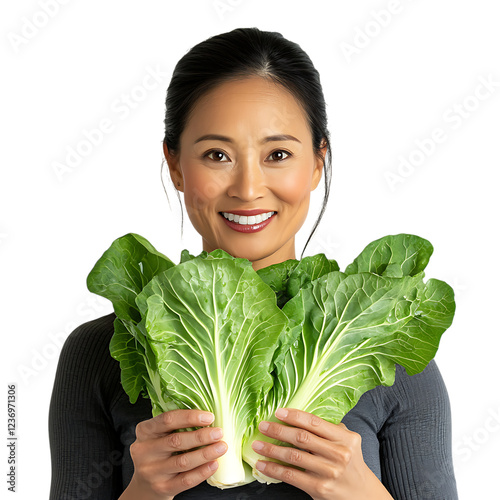 PNG Chinese girl holding Broccoli Against Transparent Background for Healthy Eating, Asian Cuisine Branding, or Organic Food Design Projects photo