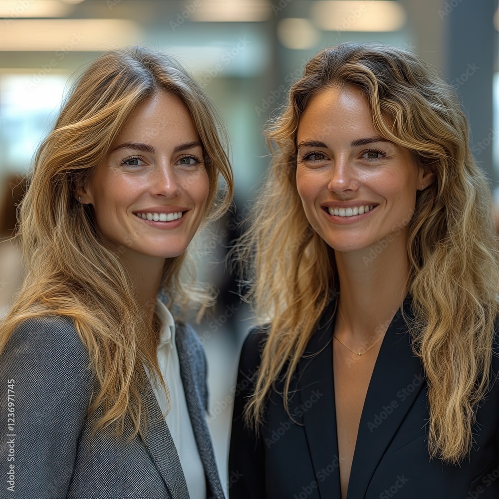 Two women smile in a modern office setting during a professional networking event Two women smile in a modern office setting during a professional networking event