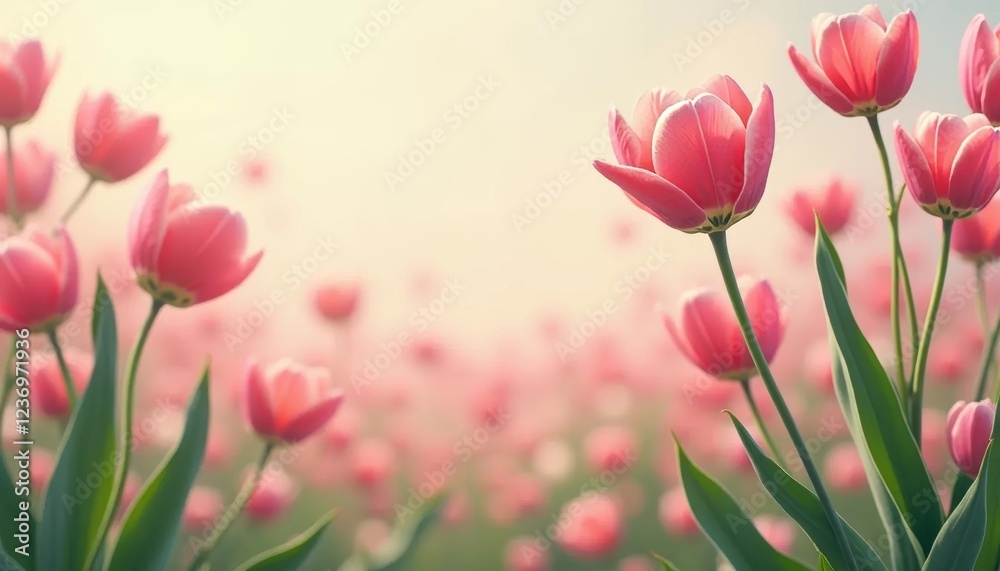 Pink spring tulip flowers blooming in the field. Soft focus and copy space for text Pink spring tulip flowers blooming in the field. Soft focus and copy space for text