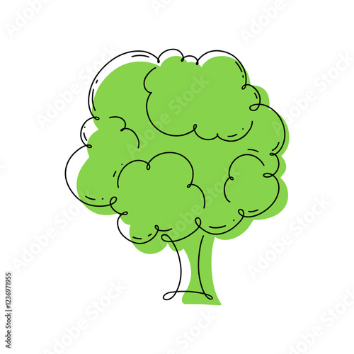 Broccoli cabbage, icon hand-drawn with one line isolated on white, color illustration, vector. Beautiful fresh vegetable for decoration, label, design. Graphic drawing, flat design