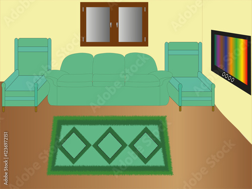 The interior of the living room with sofa chairs carpet and color TV. Illustration interior living room