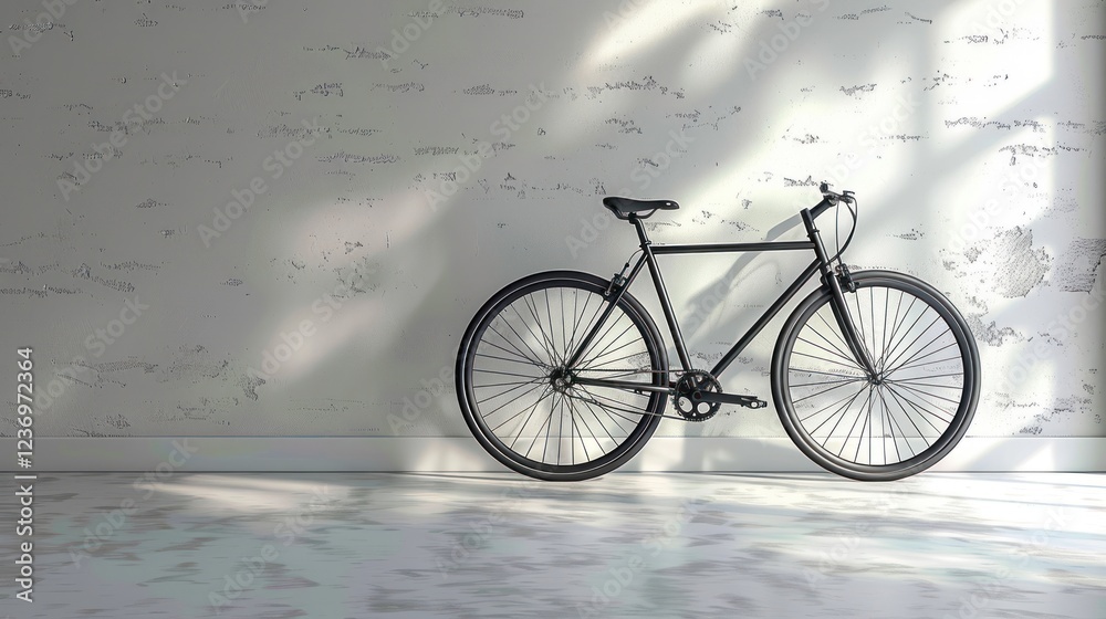 Fototapeta premium A black bicycle leans against a white wall, bathed in soft natural light for a modern vibe