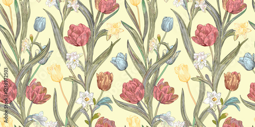 A vintage-style floral pattern featuring yellow and blue flowers with dark centers on a cream background.