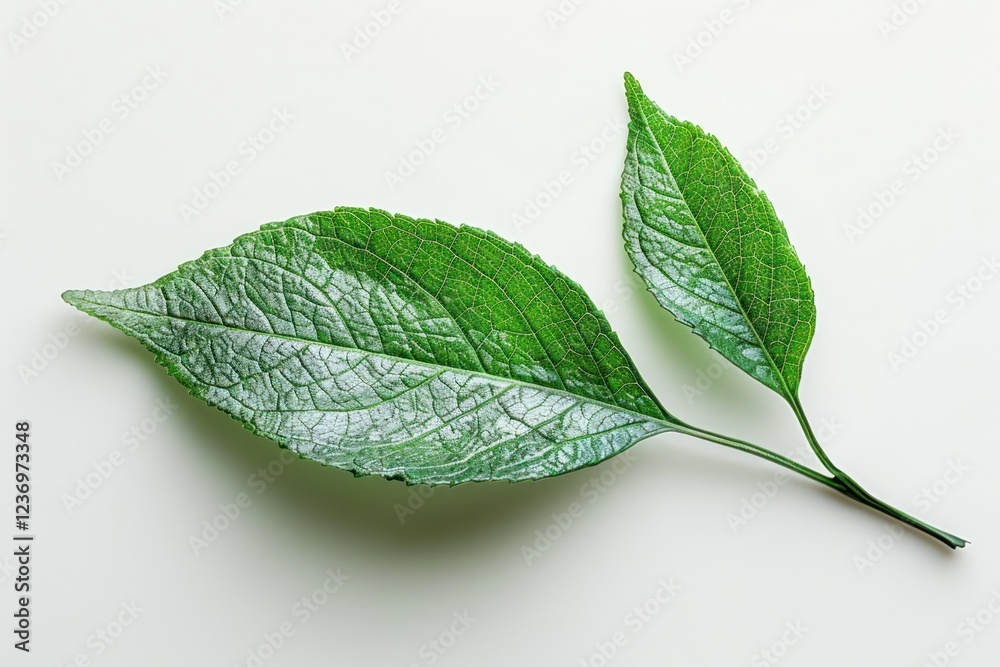 Fototapeta premium A green leaf rests on a soft white background, showcasing its vibrant color and texture in gentle light