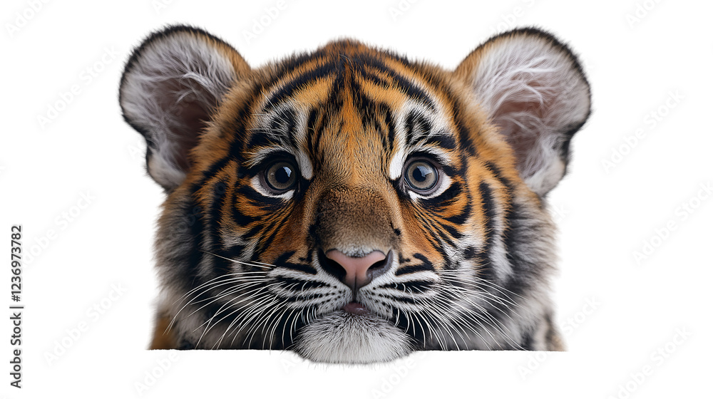 Obraz premium Baby Tiger Cub on White Closeup Wildlife Photo, Cute Big Cat with Black Fur, isolated on transparent background.