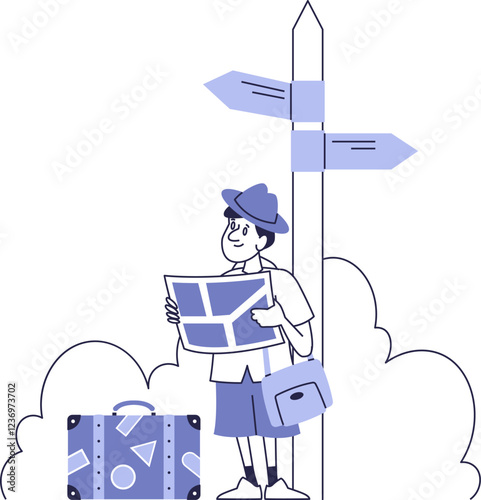 Lost Tourist with Map at a Crossroads