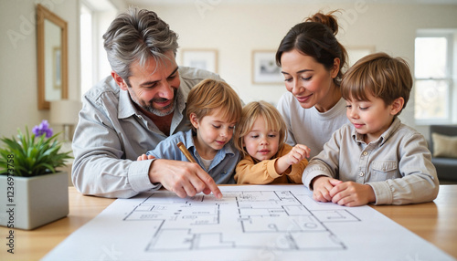 Excited family reviewing house blueprint around table, new beginnings photo
