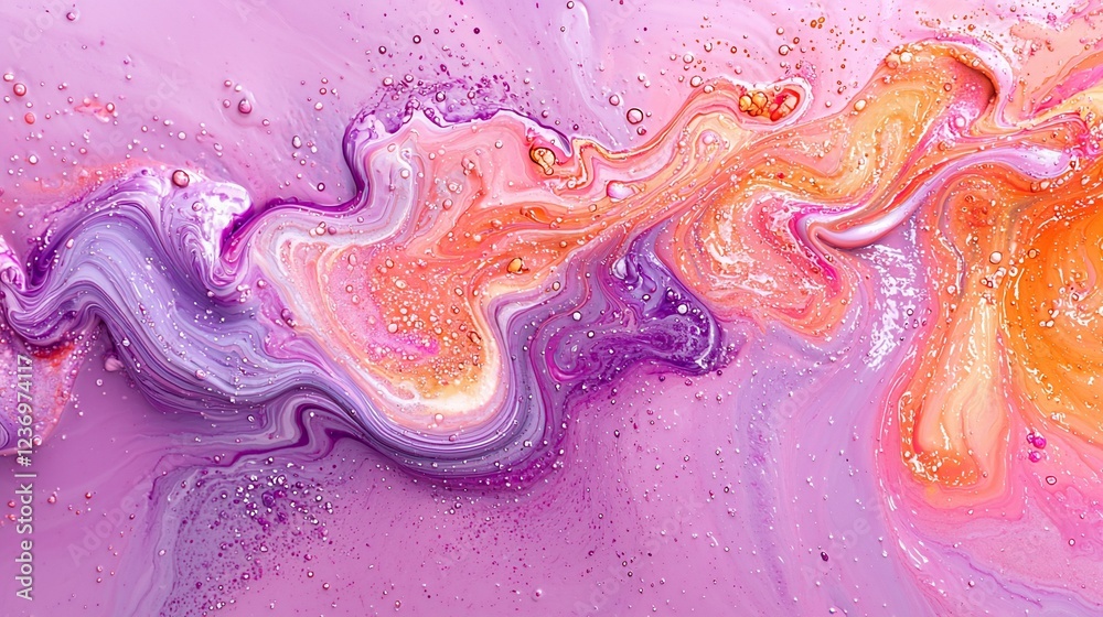 Obraz premium Abstract fluid art painting with purple, orange, and pink swirls and glitter.