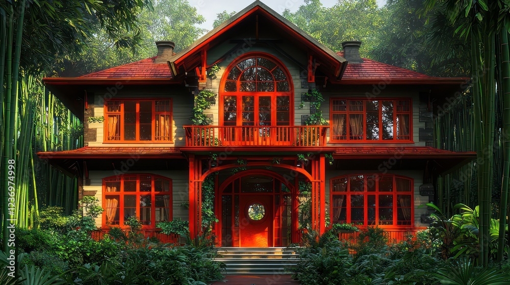 A striking two-story craftsman house with fiery red trim and a porch A striking two-story craftsman house with fiery red trim and a porch