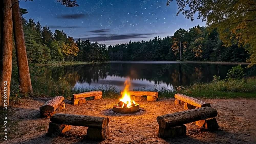 empty benches with bonfire, summer fire camping vacation