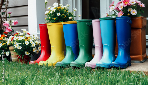 Colorful rubber boots neatly lined up near flower arrangements, symbolizing springtime. photo