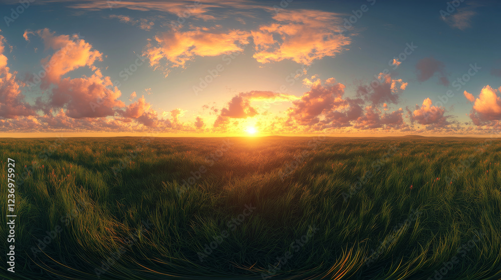 Fototapeta premium Sun setting over grass field 360 panorama vr environment map. 3D Illustration