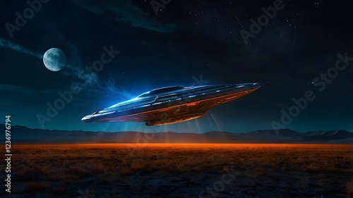 UFO landing on a field of the earth, Alienship arriving on an empty place. photo