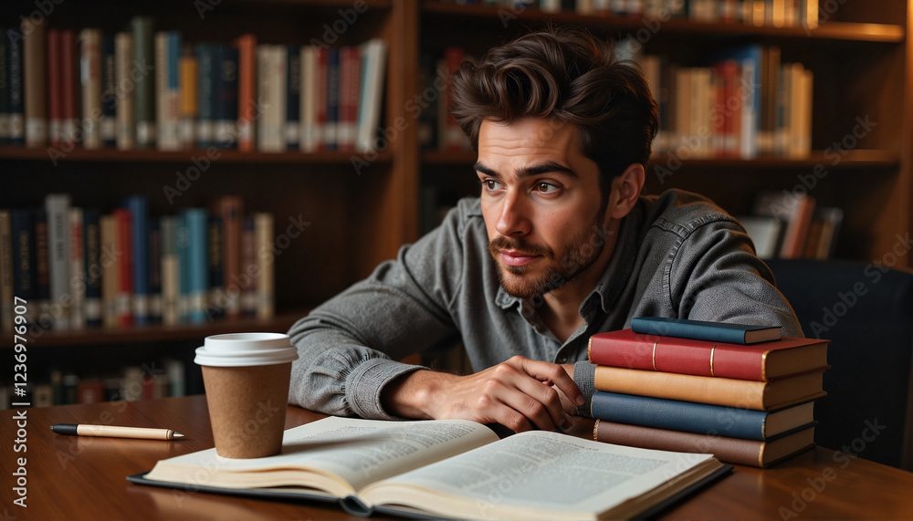 Focused law student studying at a desk in a library, academic dedication Focused law student studying at a desk in a library, academic dedication