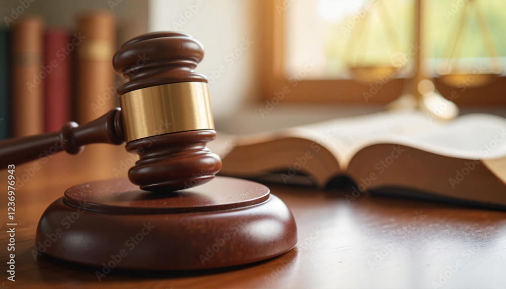 Judge gavel resting on polished desk with law book, symbolizing justice Judge gavel resting on polished desk with law book, symbolizing justice