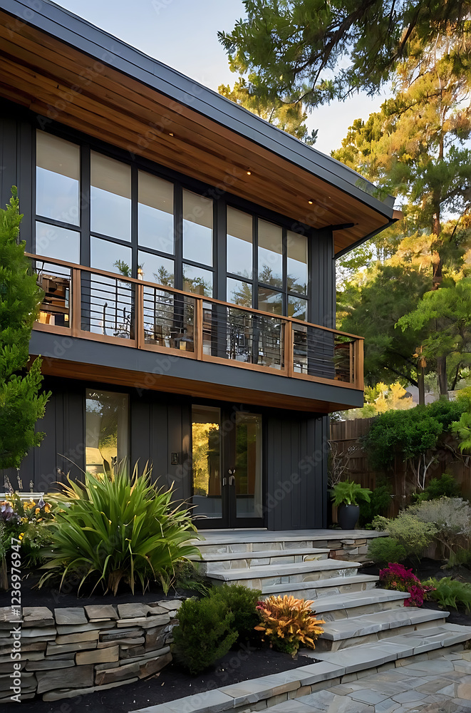Modern Architectural House Exterior Design with Balcony and Stone Steps.Luxury Home with Contemporary Design and Landscaping Modern Architectural House Exterior Design with Balcony and Stone Steps.Luxury Home with Contemporary Design and Landscaping