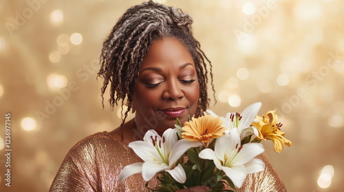 Elderly plus-size woman with golden brown skin, gray locs with silk ribbon, holding lilies and daisies on champagne gold background with sparkling bokeh. Horizontal banner Women's day, Mother's day photo