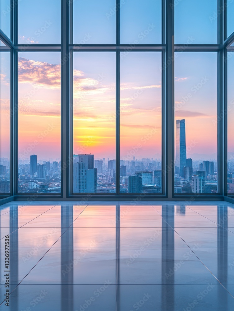 Fototapeta premium Beautiful cityscape through floor-to-ceiling windows, empty room with floor-to-ceiling glass windows, the floor is made of ceramic tiles, the floor in the foreground