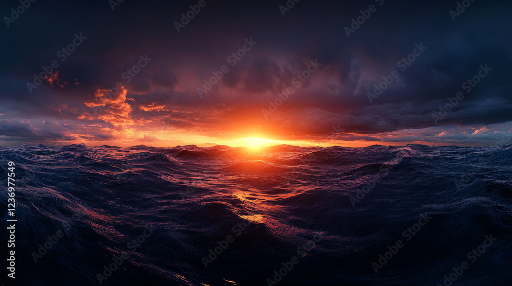 Fototapeta premium Dark clouds over a vast body of water at sunset 360 panorama vr environment map. 3D Illustration