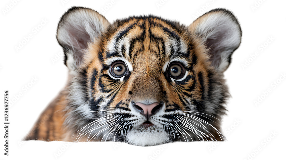 Obraz premium Baby Tiger Cub Closeup Orange Stripes, Cute Wildcat with Big Fur and Expressive Eyes, isolated on transparent background.