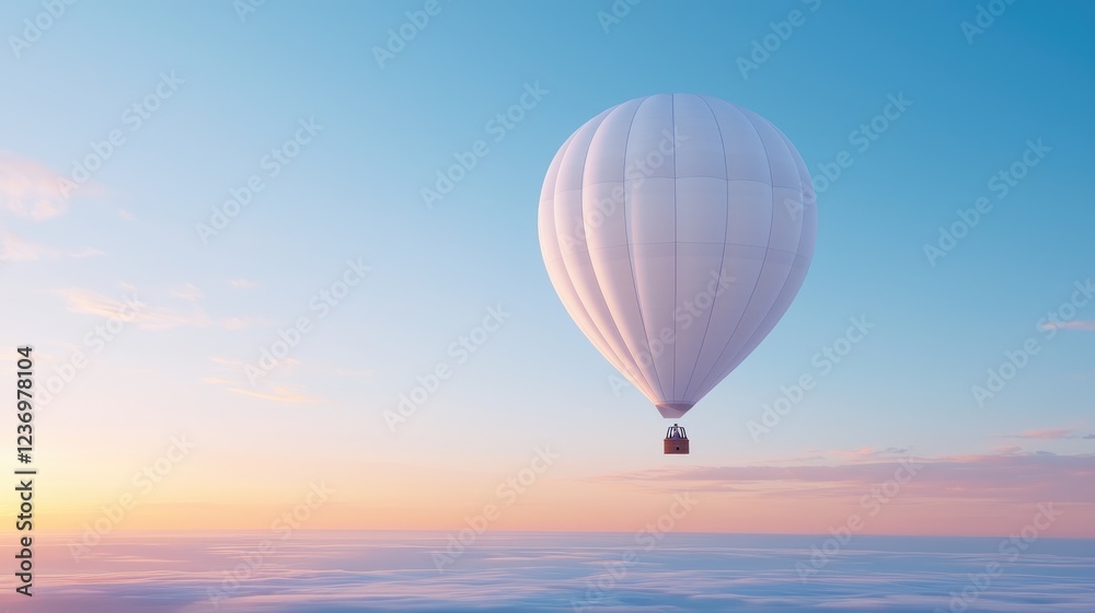 Fototapeta premium White hot air balloon over clouds at sunrise, adventure travel