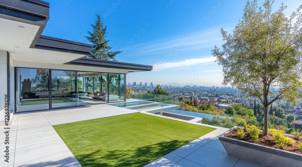 A modern home with large glass windows overlooking the city, a tree on the grass in front of it, a green landscape design, white walls and grey floor tiles A modern home with large glass windows overlooking the city, a tree on the grass in front of it, a green landscape design, white walls and grey floor tiles