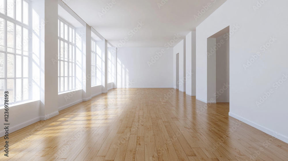 Fototapeta premium An empty room with white walls and wooden floors 3d render illustration. 3D Illustration