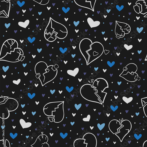 seamless pattern with white and blue hearts. Stylized, fractured outlined hearts on black background for textile, scrapbook, wrapping. Doodle contrast backdrop with broken hearts.