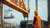 An intimate view of a crane operator operating a mobile crane at a warehouse expansion project, Warehouse crane operation scene, Commanding and precise style