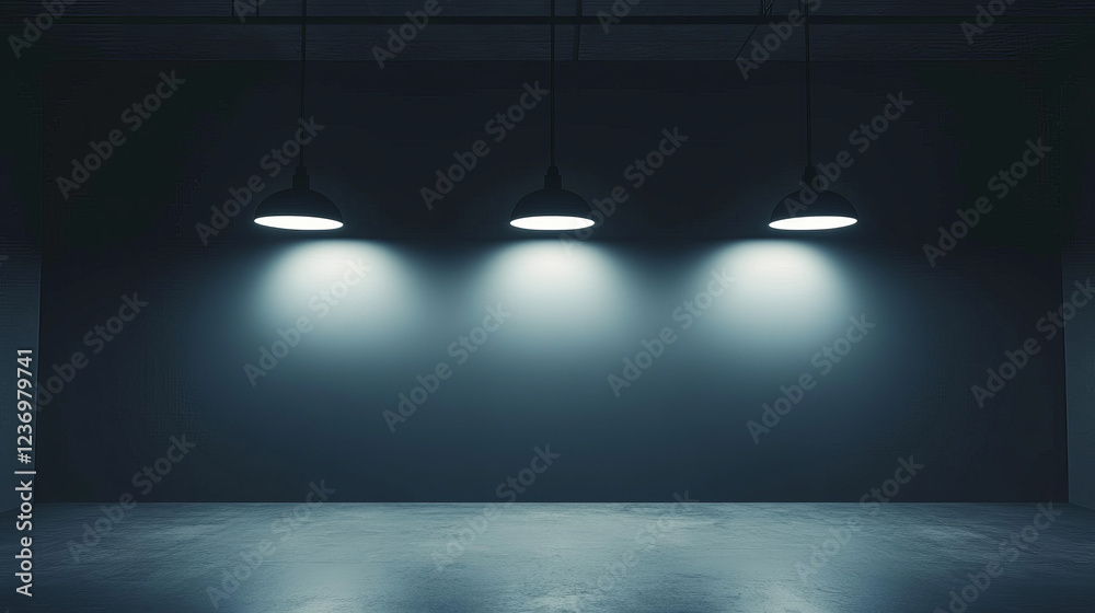 Naklejka premium Three lights illuminate ceiling of empty room 3d render illustration. 3D Illustration