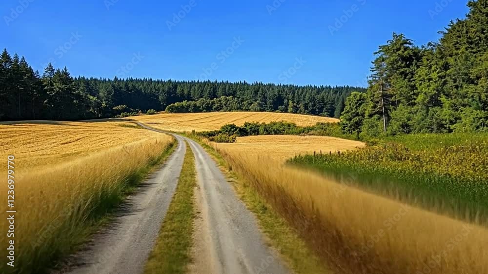 a winding countryside road, surrounded by golden fields and tall green trees. The atmosphere is refreshing and idyllic, with a clear blue sky above. a winding countryside road, surrounded by golden fields and tall green trees. The atmosphere is refreshing and idyllic, with a clear blue sky above.