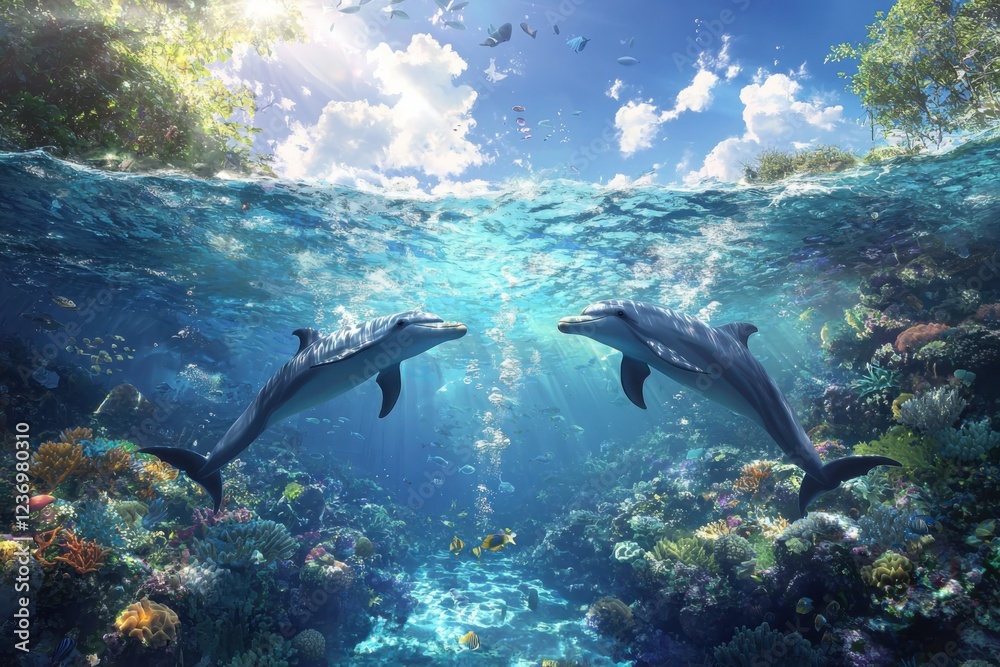 Fototapeta premium Exploring an enchanting underwater world with playful dolphins and vibrant coral reefs ocean gigapixel imagery magical adventure childlike wonder