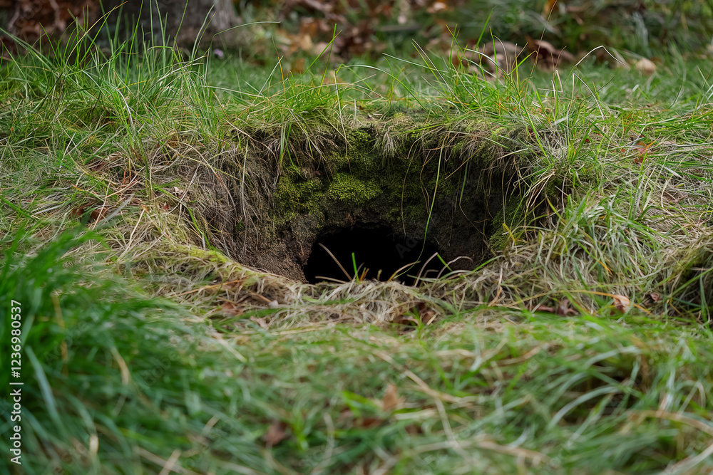 Obraz premium Mysterious animal burrow in lush green grassland