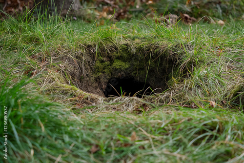 Mysterious animal burrow in lush green grassland photo