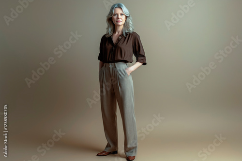 Full length portrait of a woman in her 50s looking into the camera wearing a brown blouse and beige trousers in a casual style, standing against a solid light brown background.