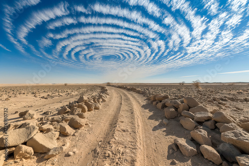 Mesmerizing circular cloud pattern over arid desert landscape photo