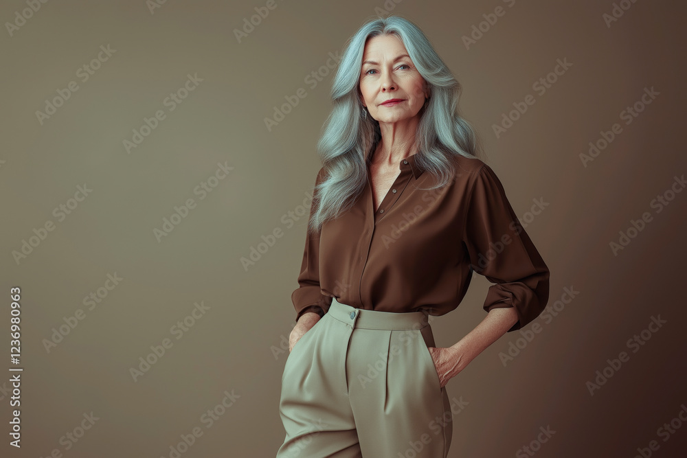 Full length portrait of a woman in her 50s looking into the camera wearing a brown blouse and beige trousers in a casual style, standing against a solid light brown background. Full length portrait of a woman in her 50s looking into the camera wearing a brown blouse and beige trousers in a casual style, standing against a solid light brown background.