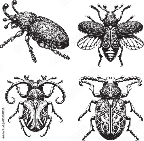 Ornamental Black and White Illustrations of Various Insects